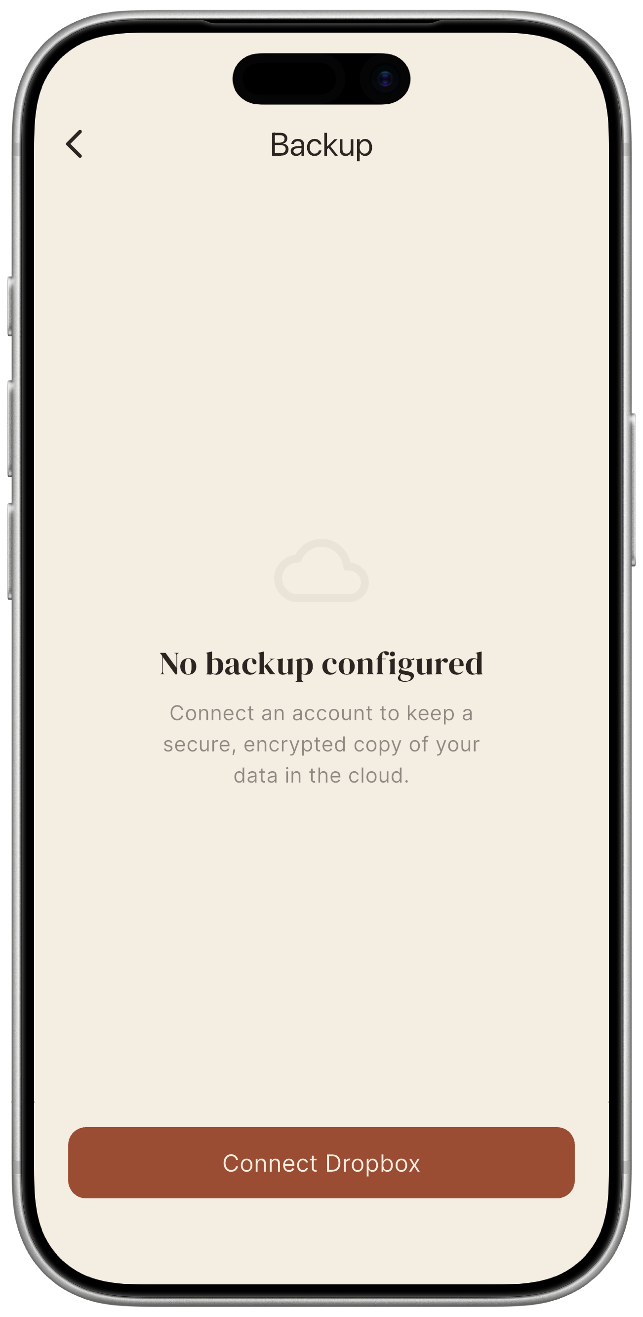 Backup screen before connection: Dropbox connect button.