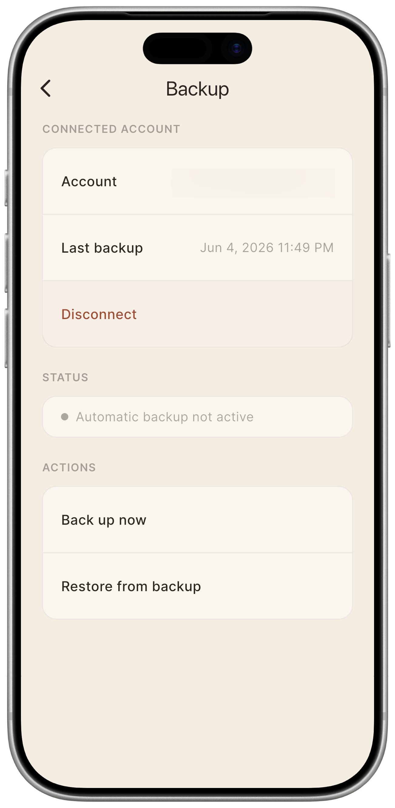 Backup screen after connection: connected email, last backup date, "Back up now" and "Disconnect" buttons.