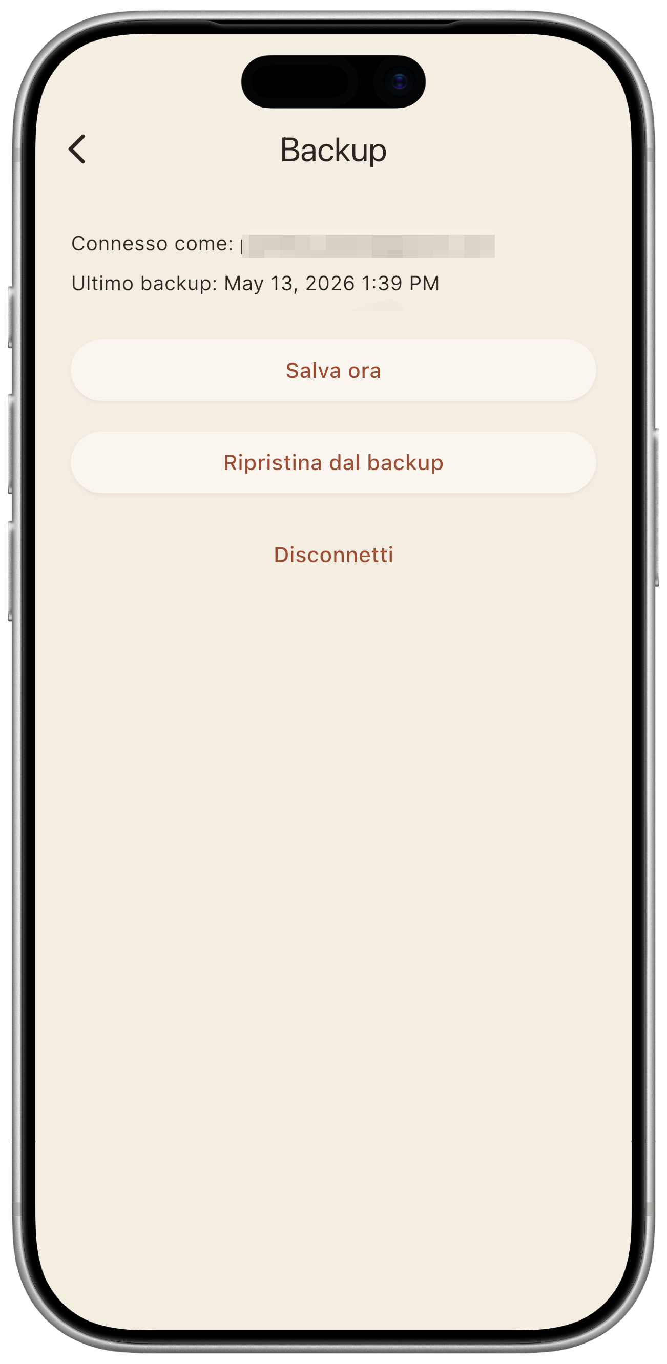Schermata backup dopo la connessione: email connessa, data ultimo backup, pulsanti "Esegui backup" e "Disconnetti".