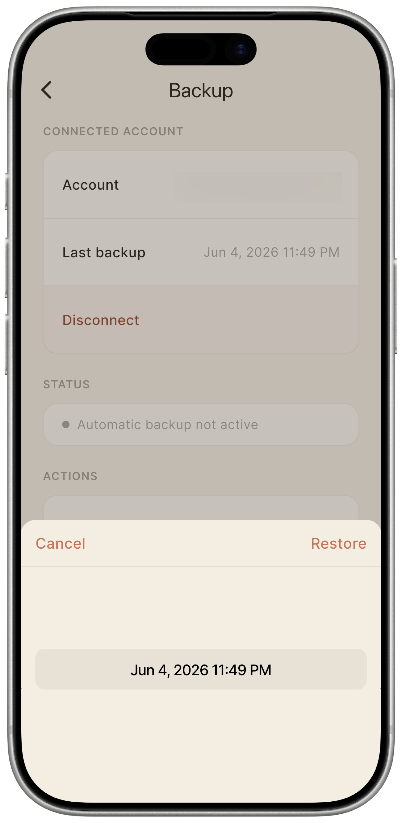 Restore flow: backup picker sheet (scroll wheel), then passphrase entry, then progress and success confirmation.