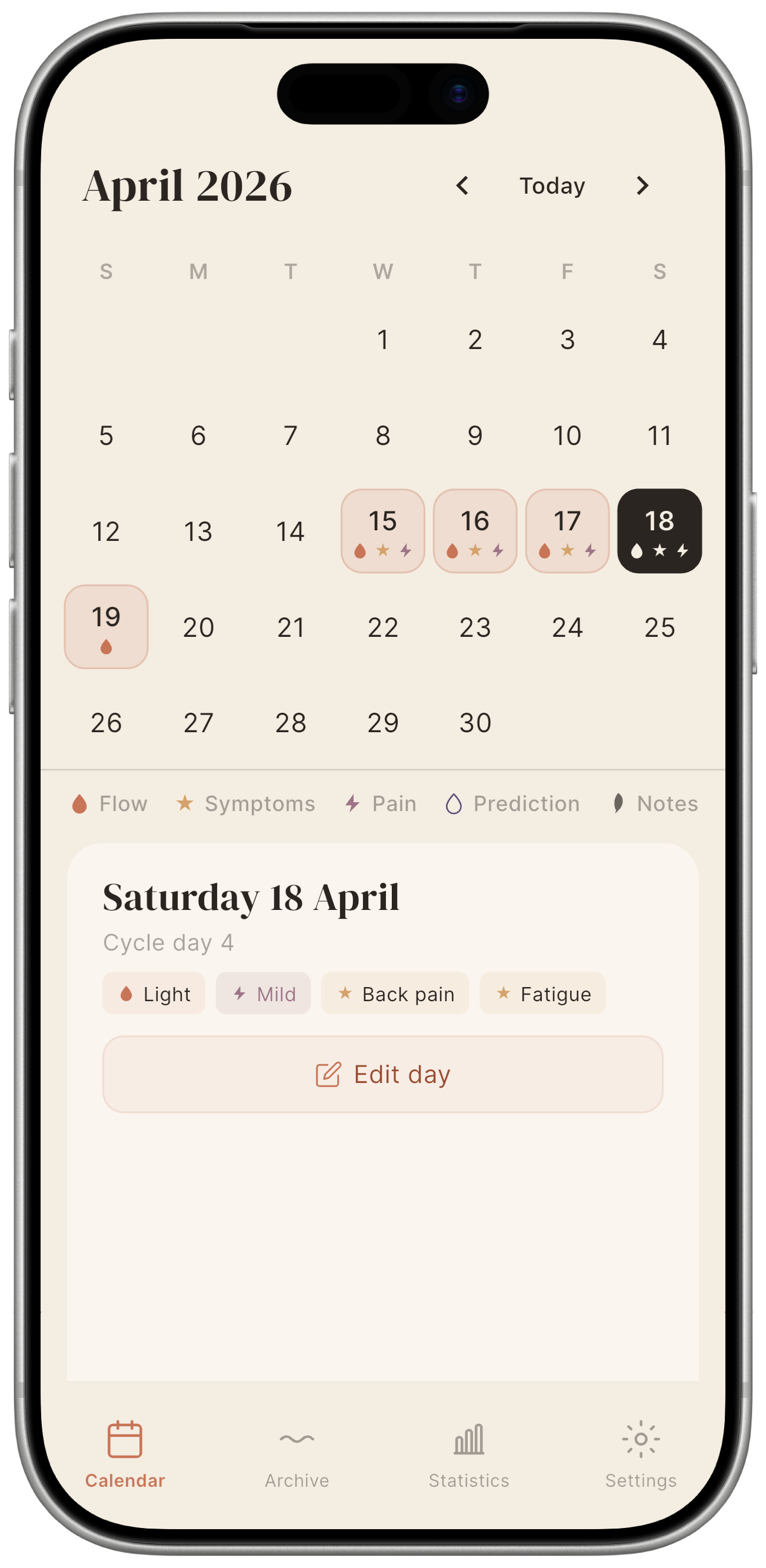 Full calendar screen showing a typical month with flow days, a predicted window, and symptom dots.