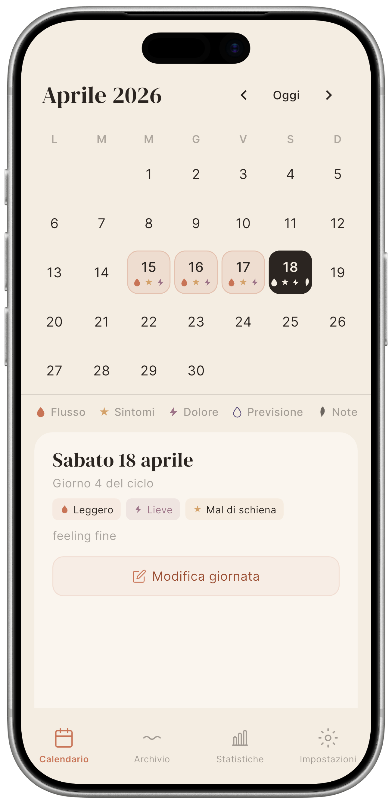 Schermata calendario con un mese tipico: giorni di flusso, icone dei sintomi.