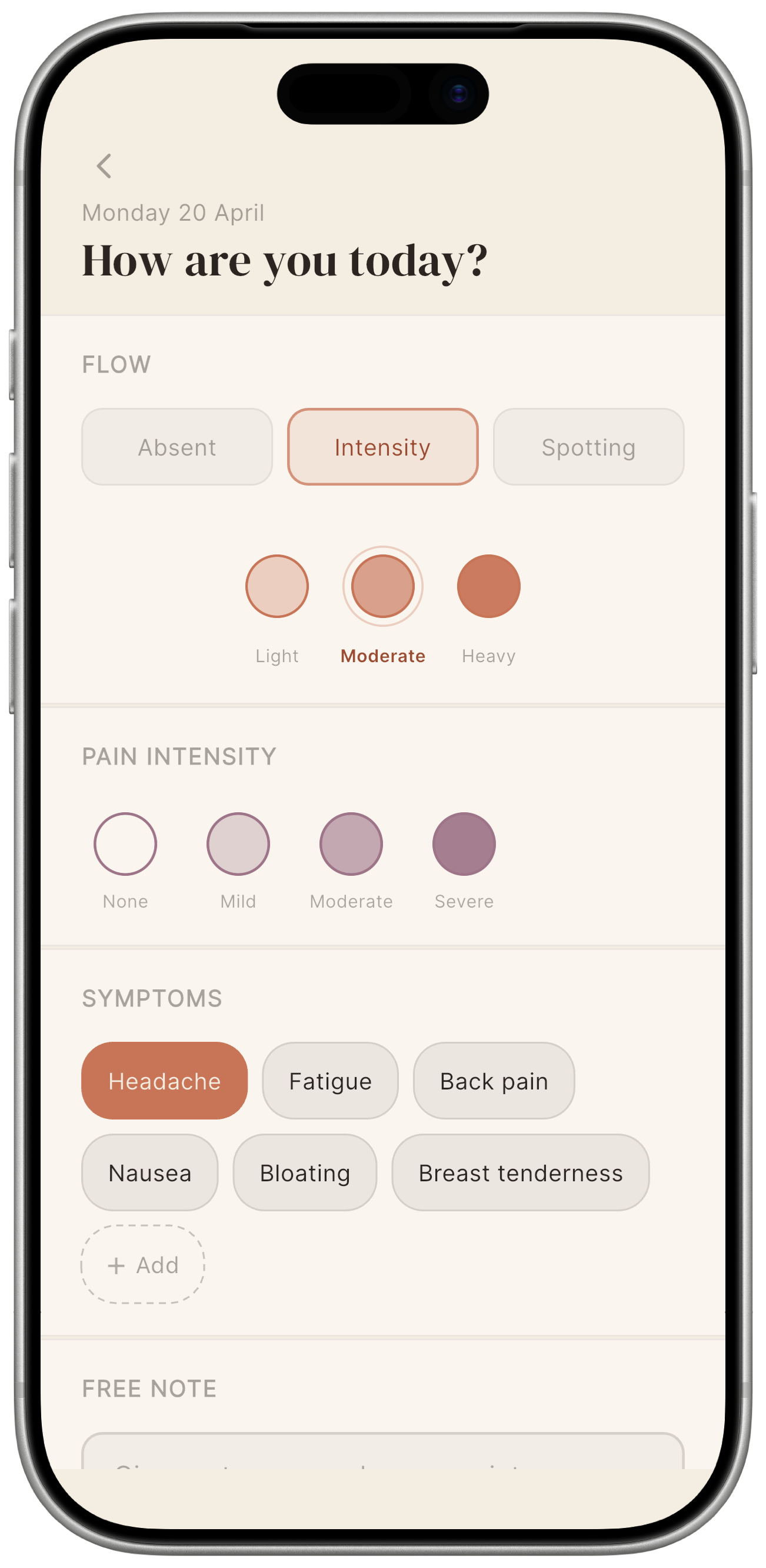 The Today screen with all sections expanded: flow chips, intensity dots, pain selector, symptom chips, notes textarea.