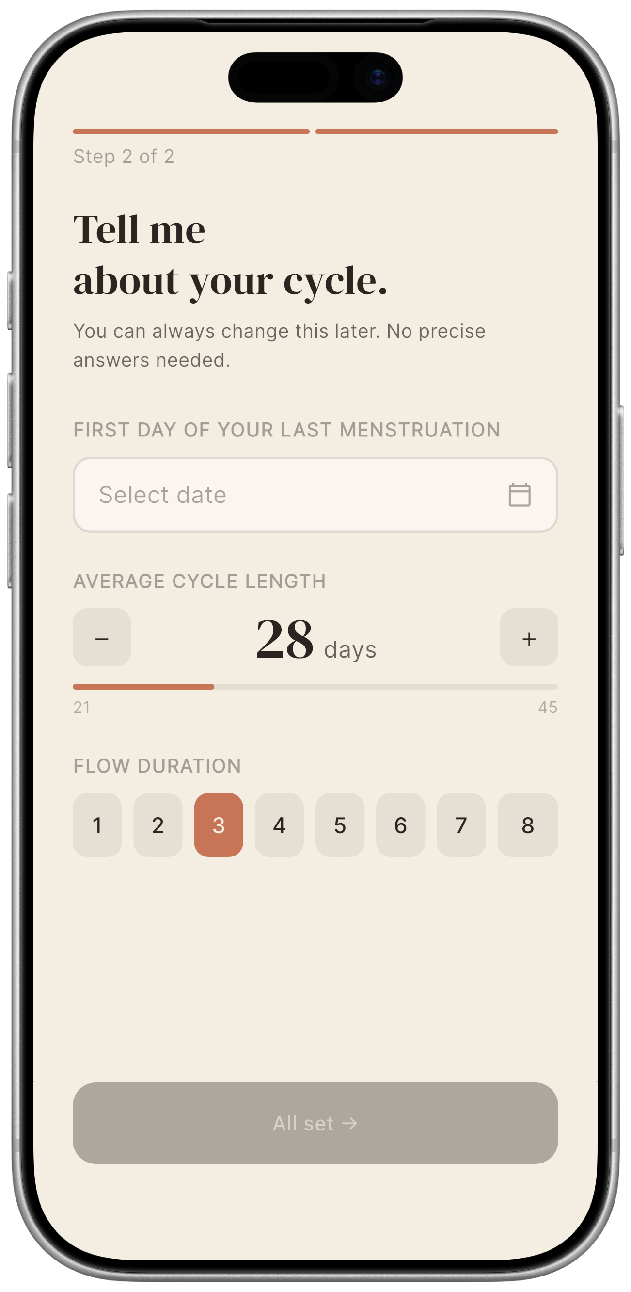 Setup screen with three fields: last period start date, average cycle length, and typical period duration.