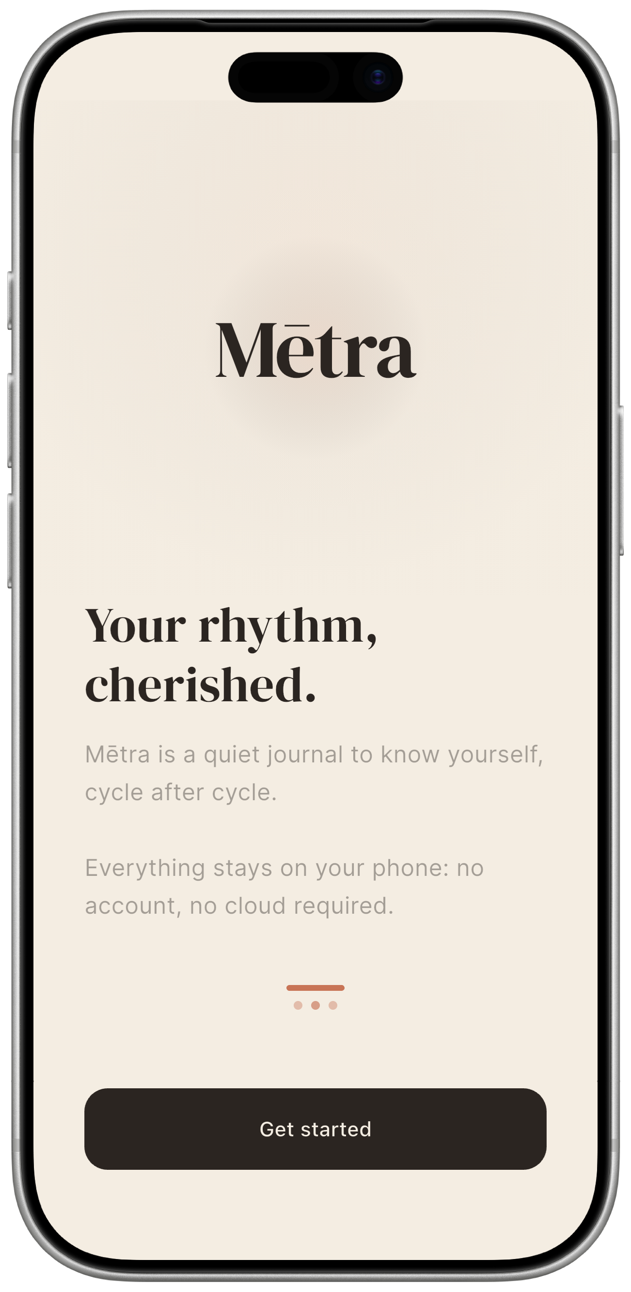 Welcome screen: Mētra wordmark, manifesto, 'Get started' button.