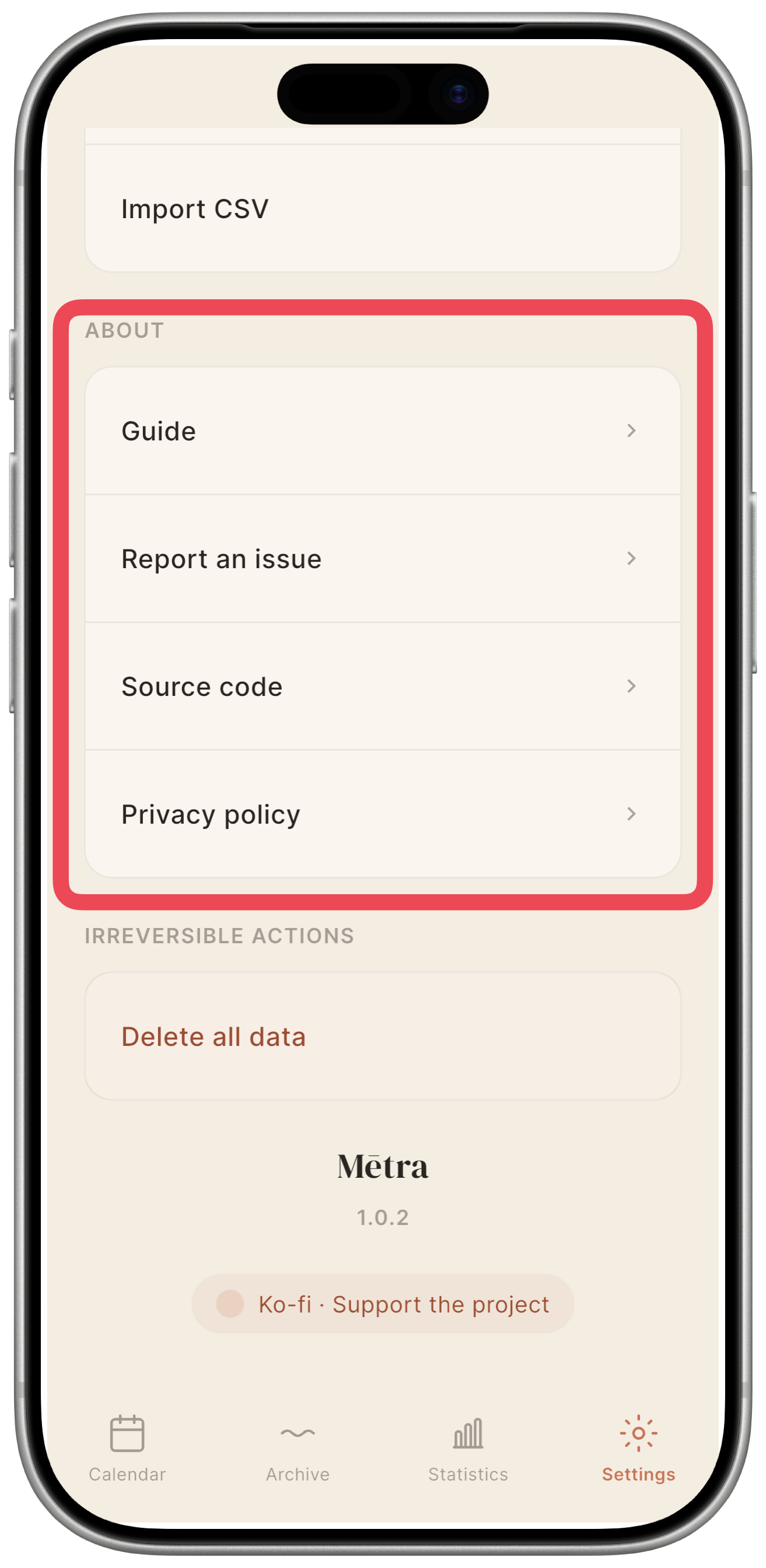 About section with the three rows: Guide, Source code, Privacy policy.