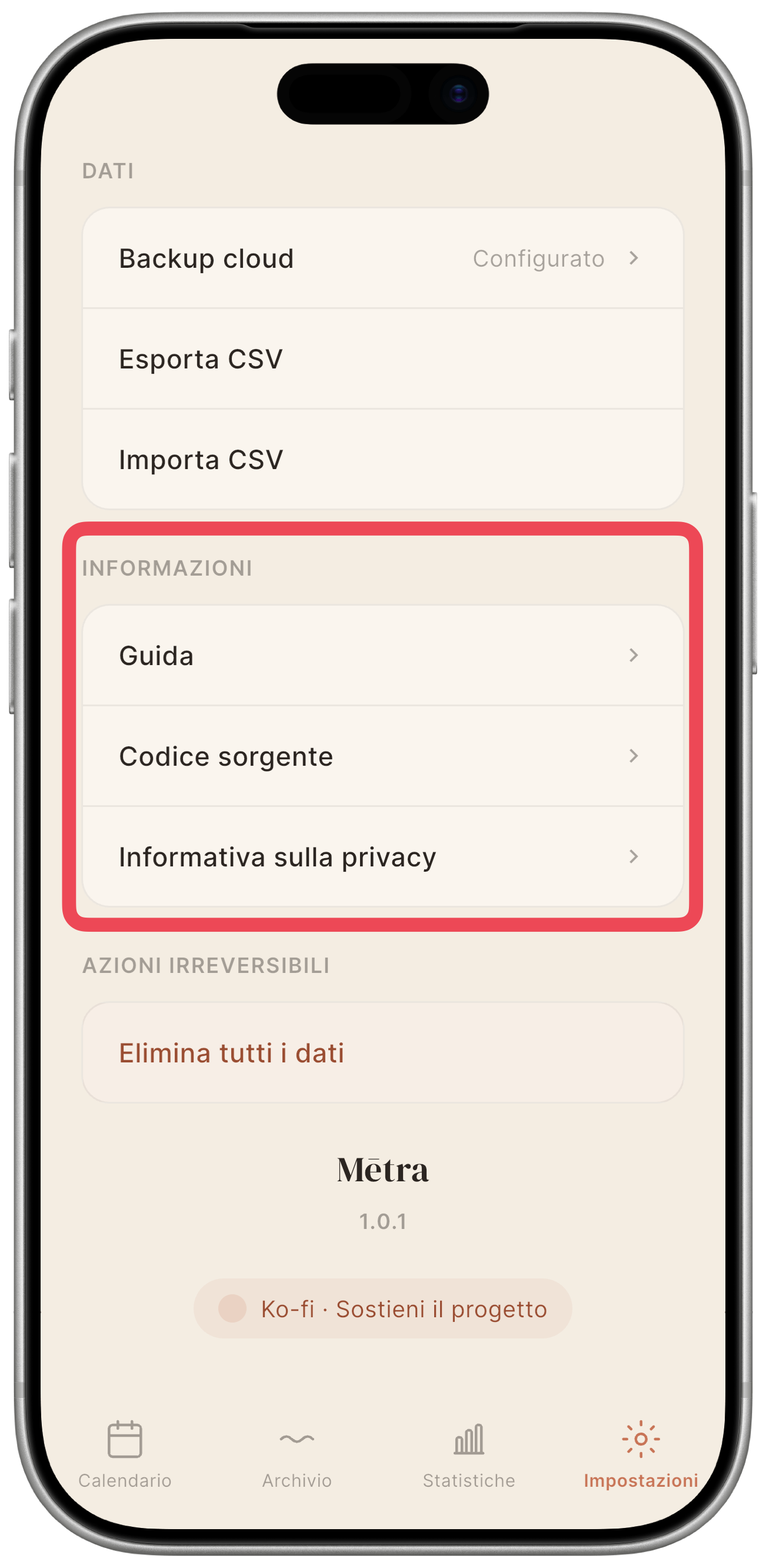 Sezione Informazioni con le tre righe: Guida, Codice sorgente, Informativa sulla privacy.