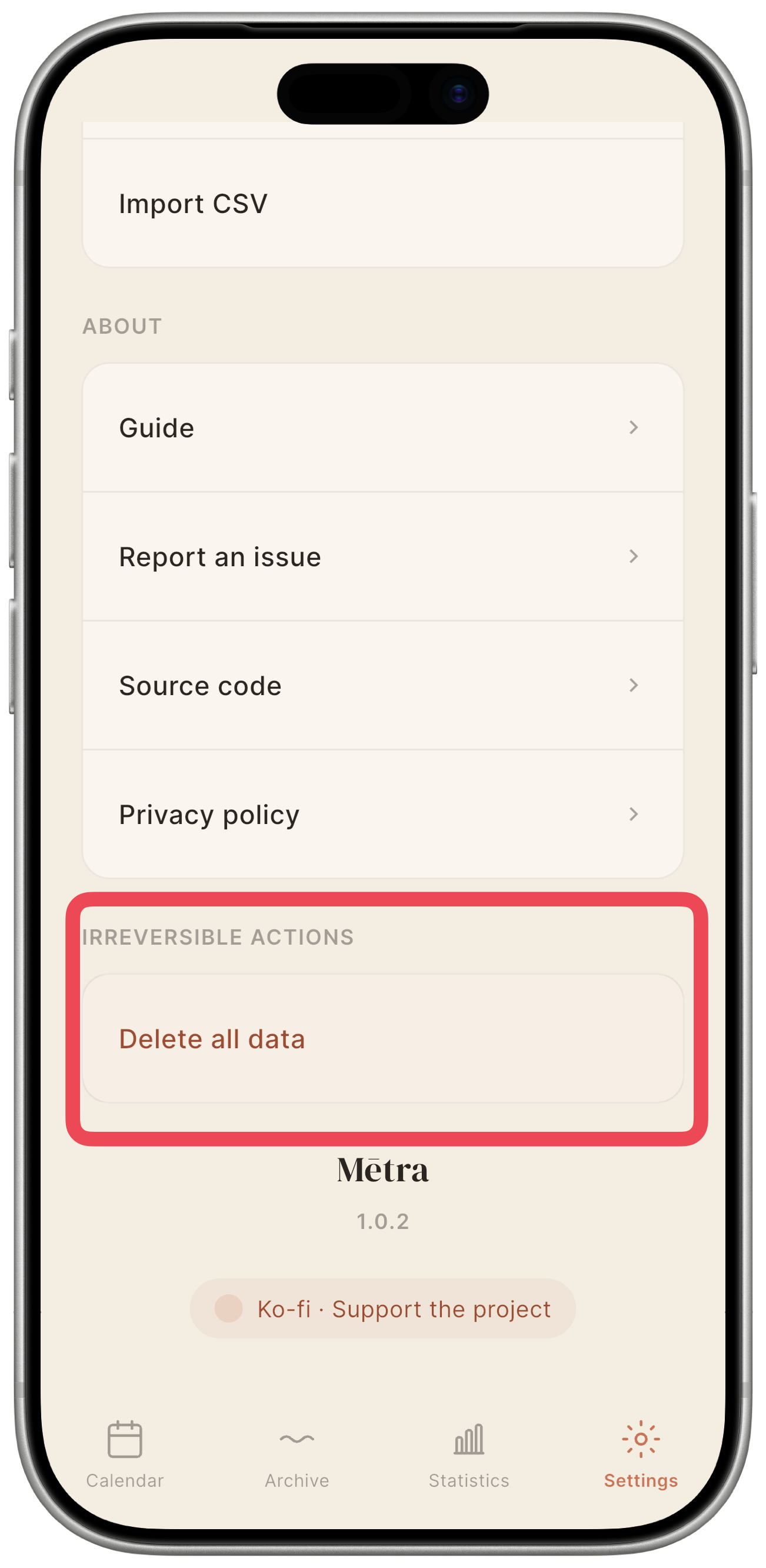 Irreversible actions section with the red "Delete all data" row.
