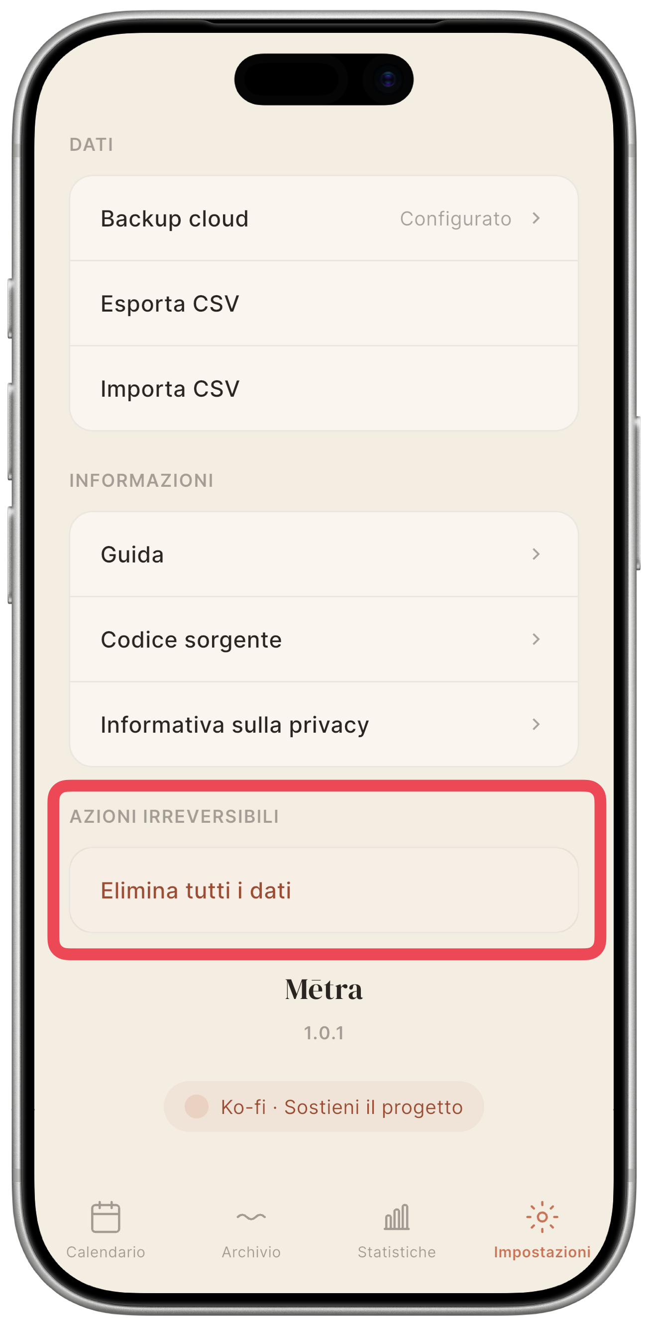 Sezione Azioni irreversibili con il pulsante rosso "Elimina tutti i dati"