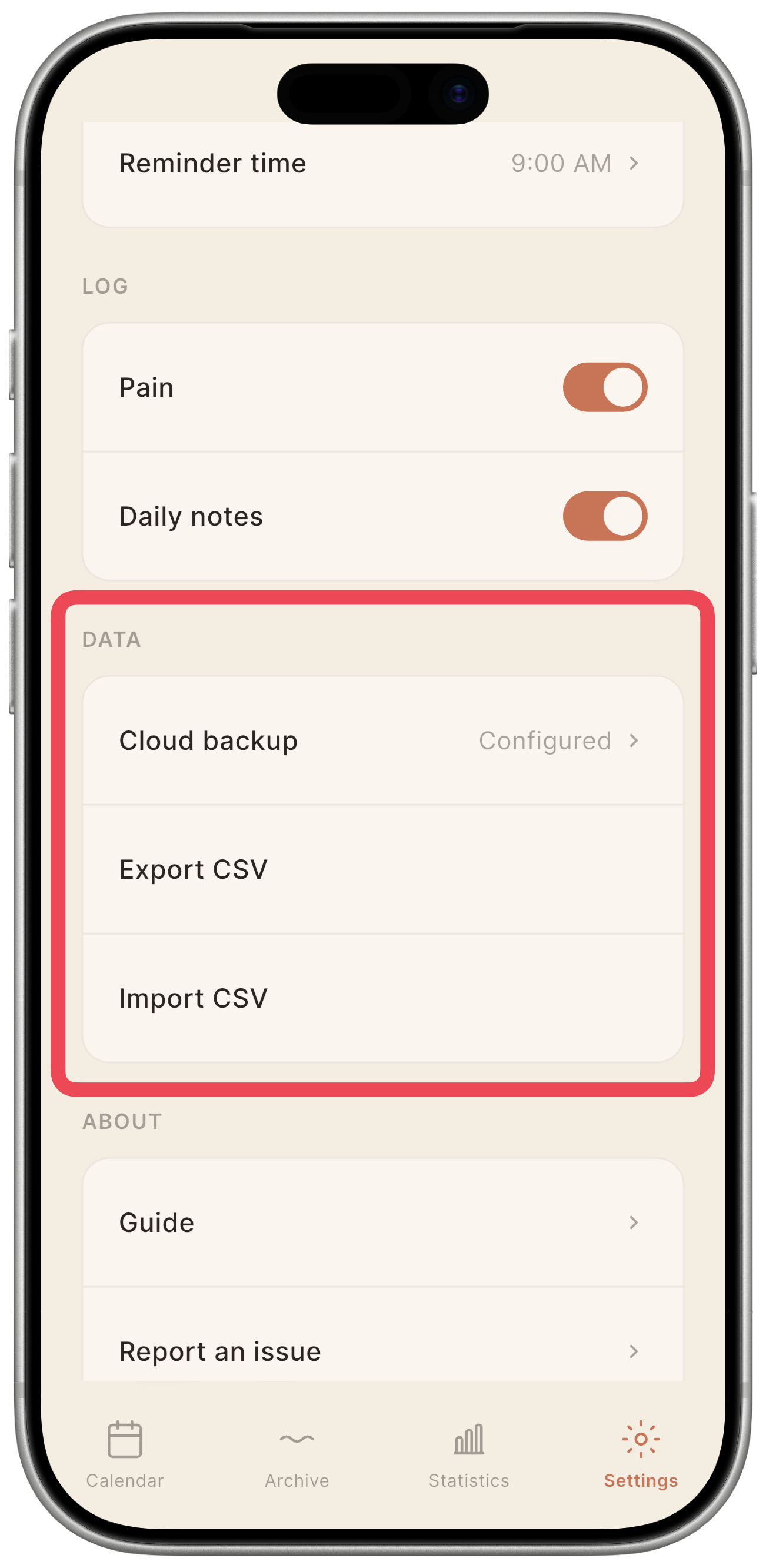 Data section with the Cloud backup row (status), Export CSV, and Import CSV rows.