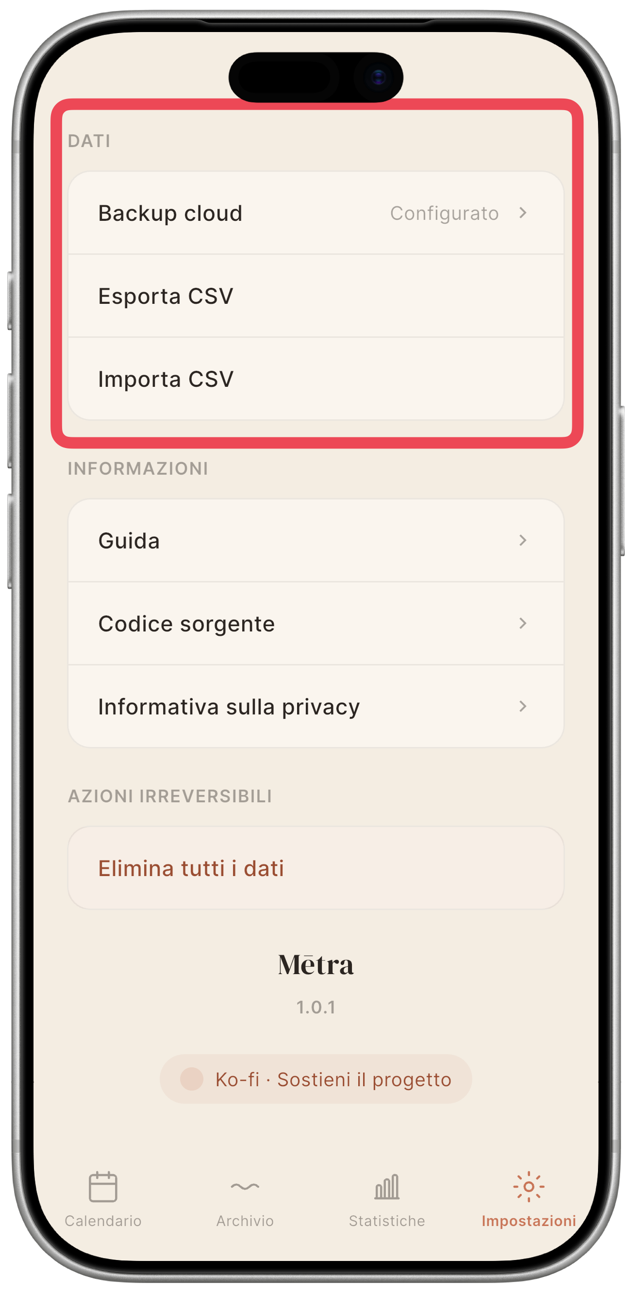 Sezione Dati con le righe Backup cloud (stato), Esporta CSV e Importa CSV.