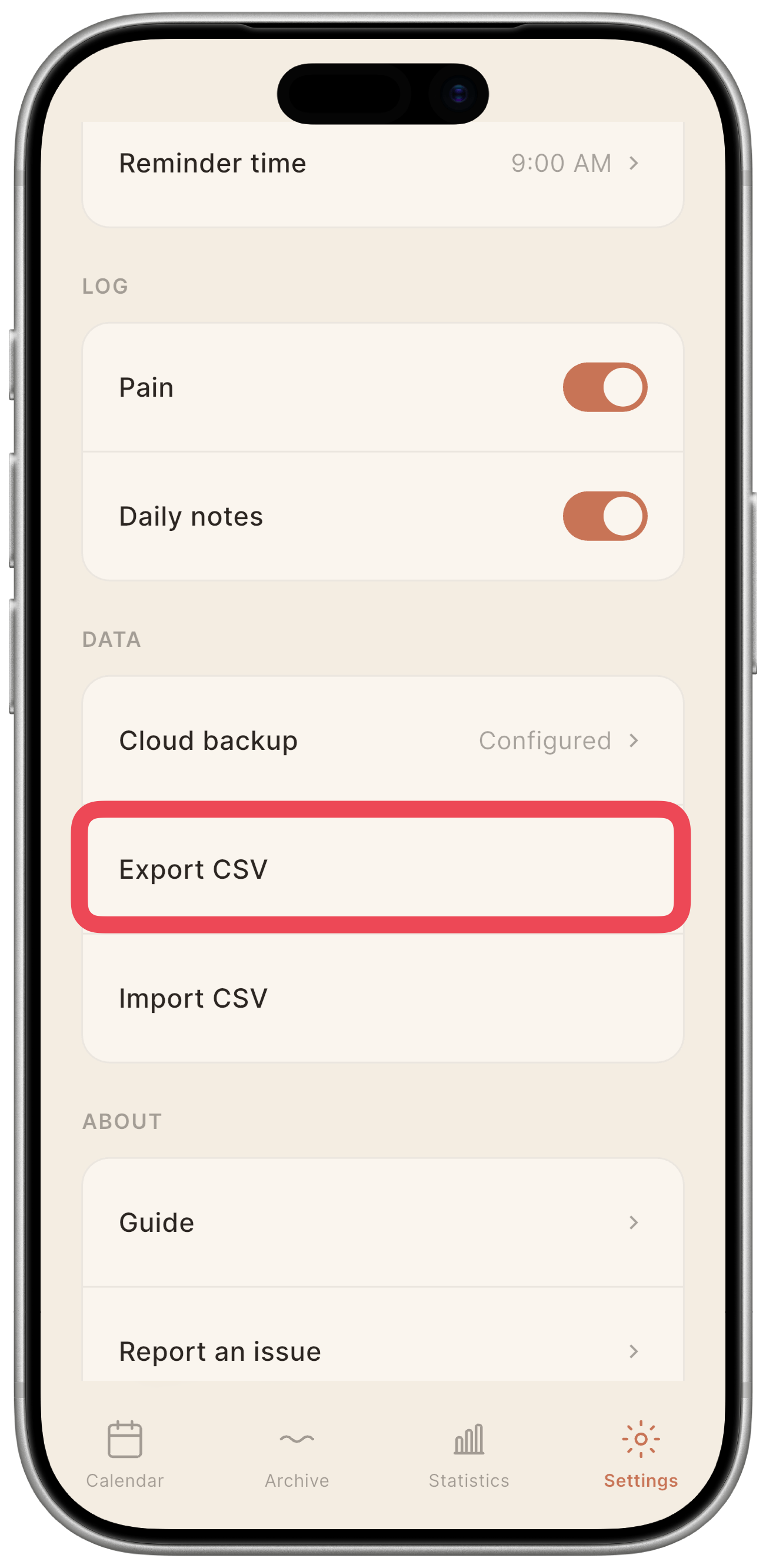 Settings screen with the "Export CSV" row highlighted.