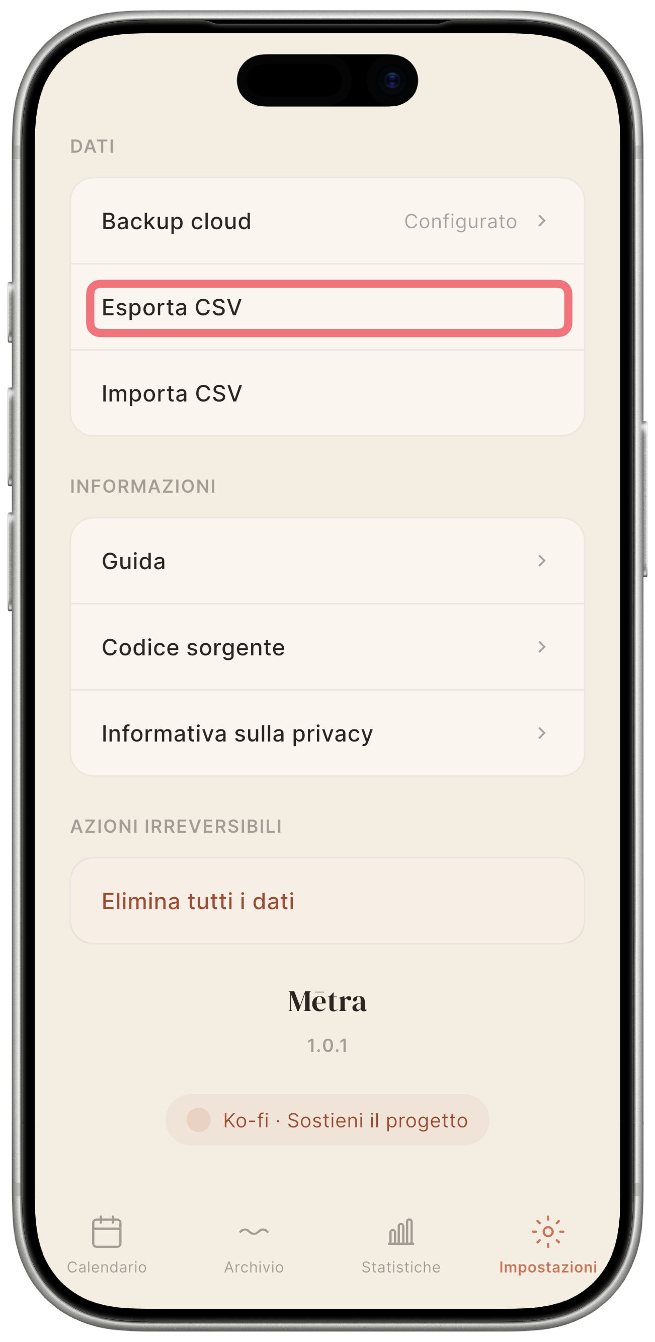Schermata Impostazioni con la riga "Esporta CSV" evidenziata.