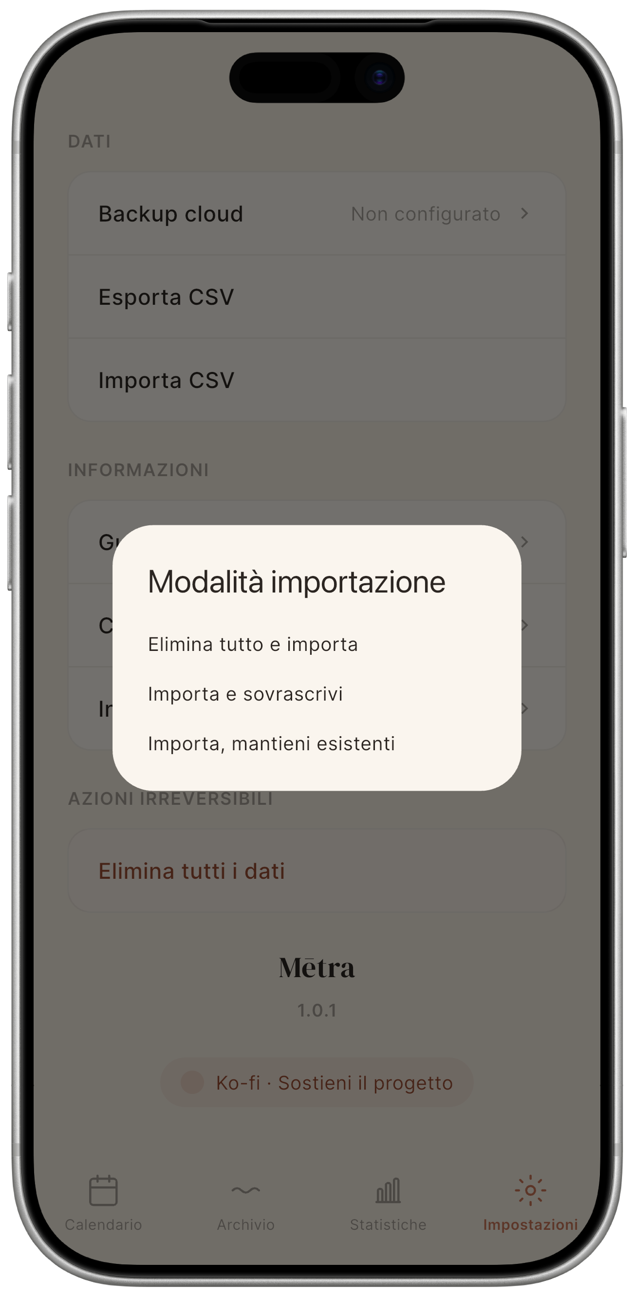 Dialog di conferma importazione.