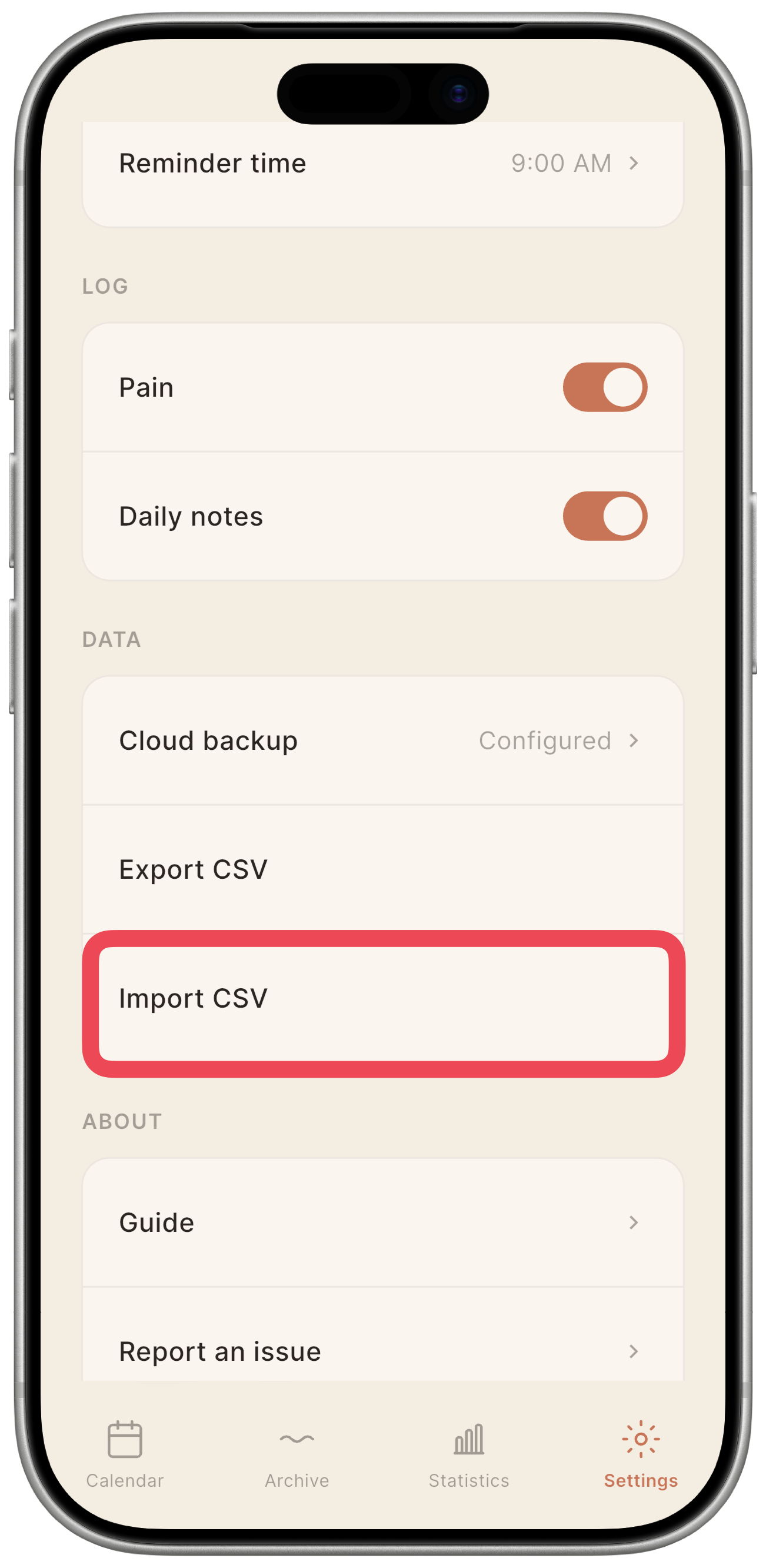 Settings screen with the "Import CSV" row highlighted.