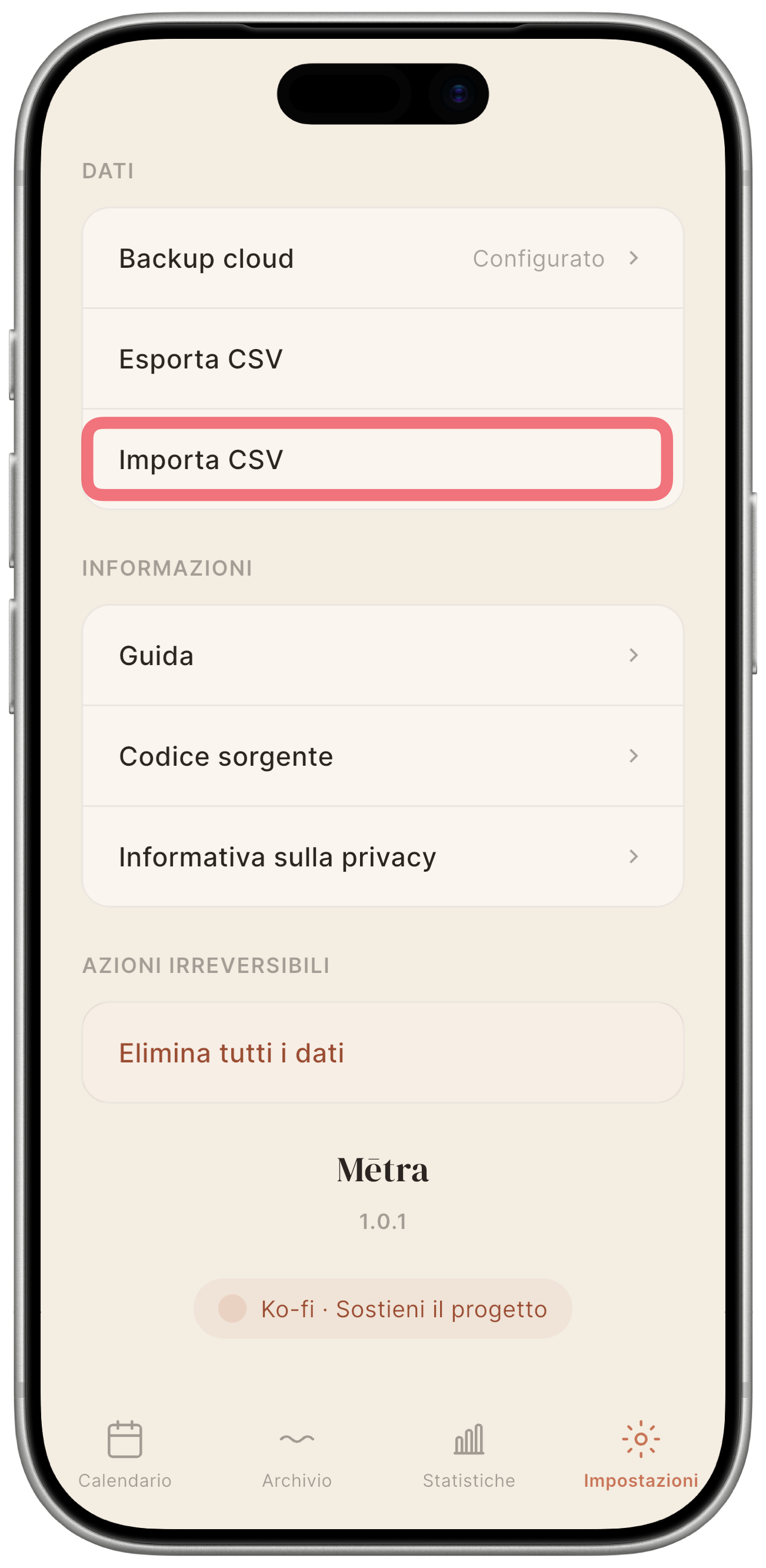 Schermata Impostazioni con la riga "Importa CSV" evidenziata.