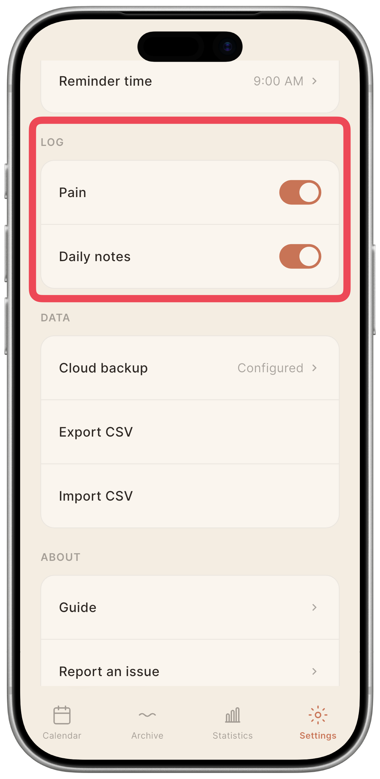 Log section with the two toggles: Pain and Daily notes.