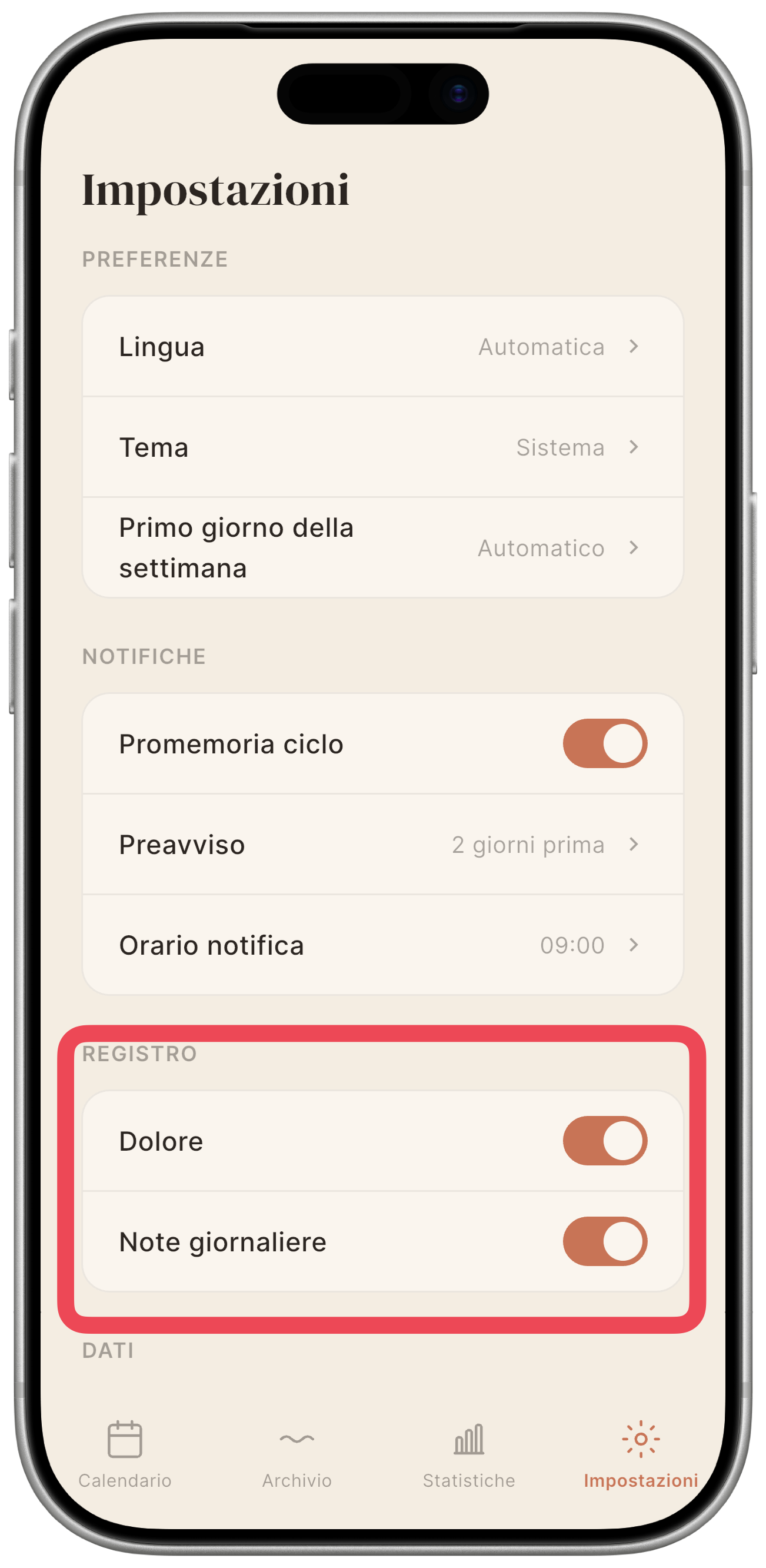 Sezione Registro con i due toggle: Dolore e Note giornaliere.