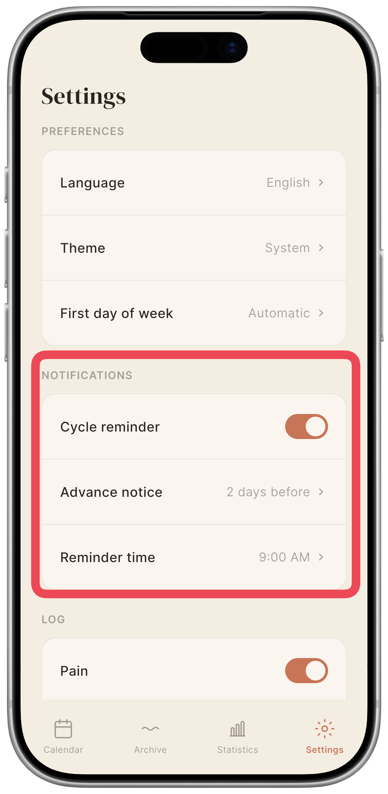 Notifications section with the Cycle reminder toggle on and the two configuration rows (Advance notice, Reminder time).