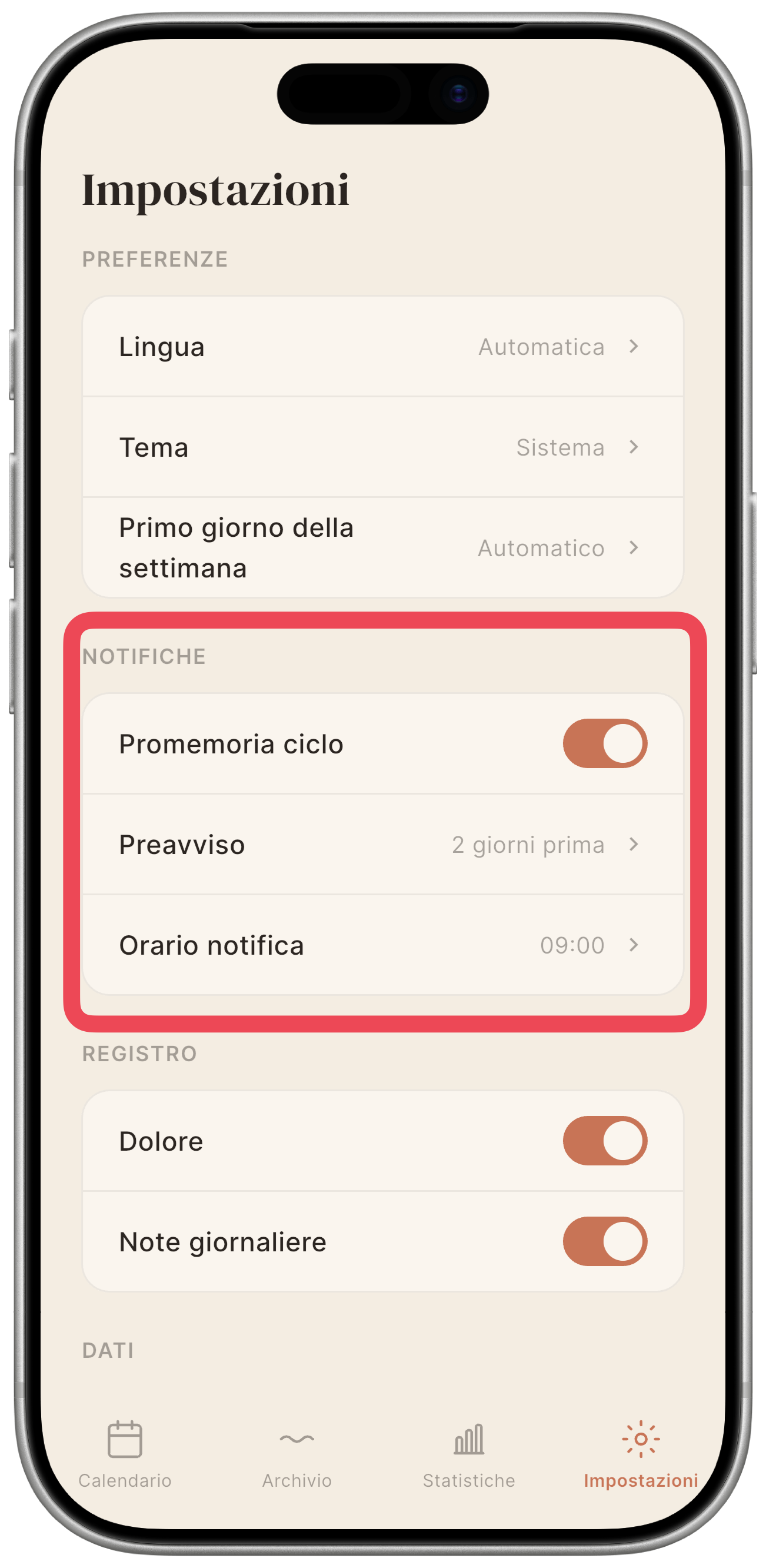 Sezione Notifiche con il toggle Promemoria ciclo attivo e le due righe di configurazione (Preavviso, Orario notifica).