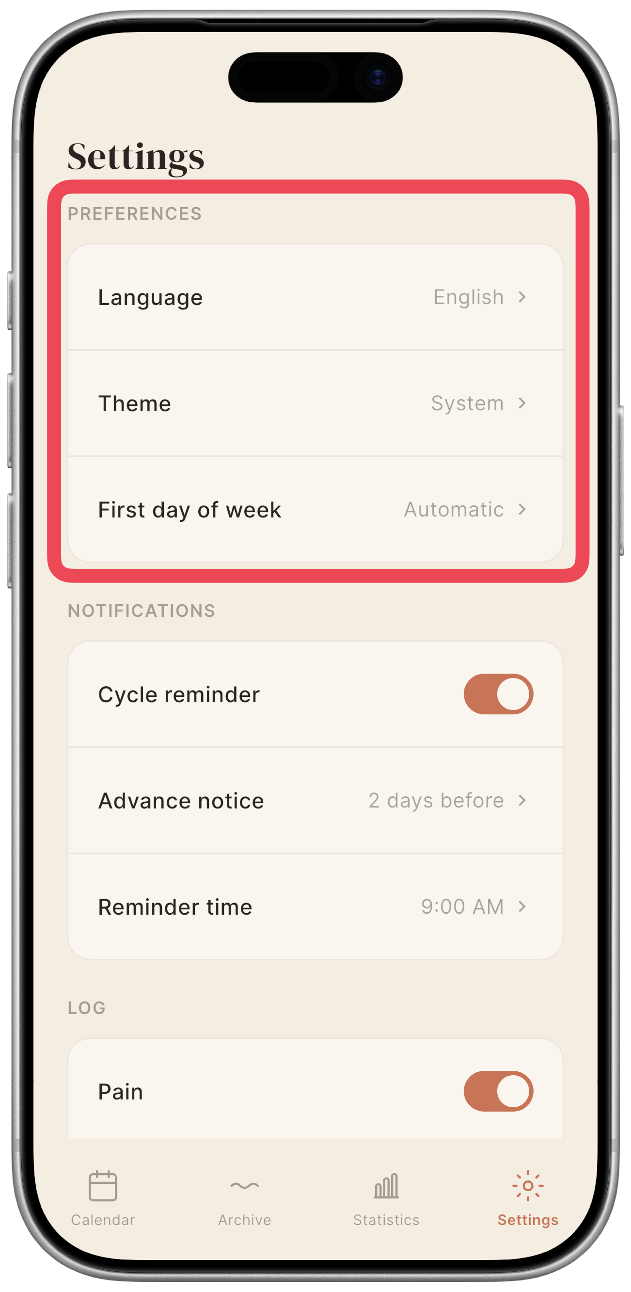 Preferences section showing the three rows: Language, Theme, First day of week.