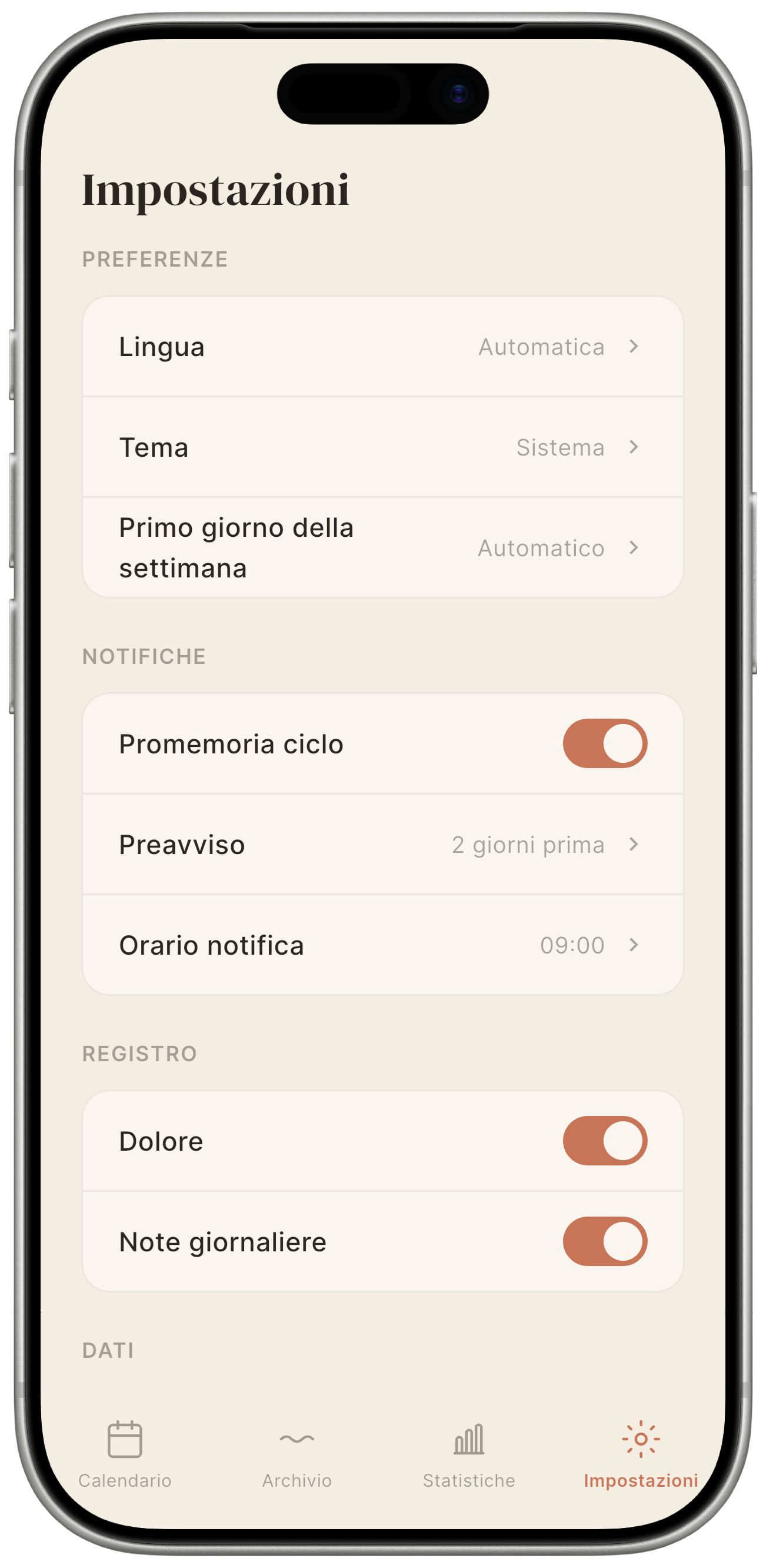 Sezione Preferenze con le tre righe: Lingua, Tema, Primo giorno della settimana.